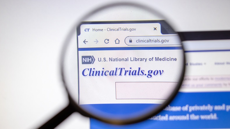 Los Angeles, California, USA - 25 January 2020: Clinical Trials website page. ClinicalTrials.gov logo on display screen, Illustrative Editorial.