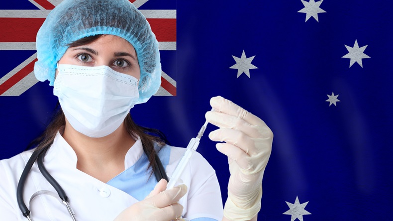 Scientist woman with test tube Coronavirus or COVID-19 against Australia flag. Research of viruses in laboratory for prevention of a pandemic in Australia