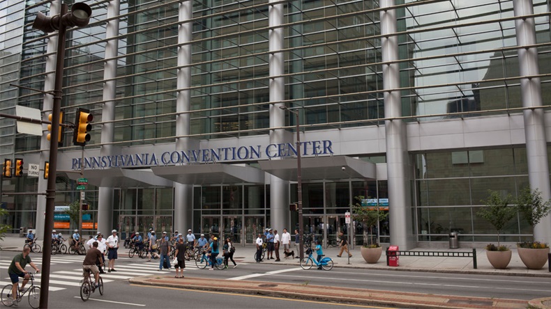 Philadelphia, Pa. USA, Aug. 11, 2018: main entrance of the Pennsylvania Convention Center with police during the Philly Free Streets event.
