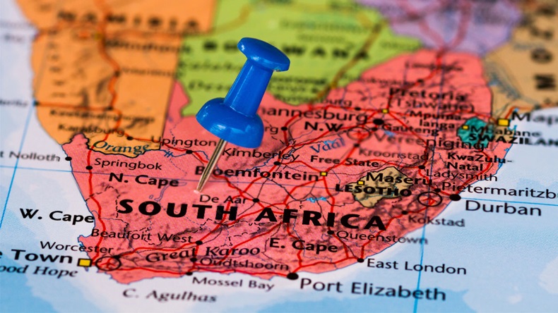 Map of South Africa with a blue pushpin stuck