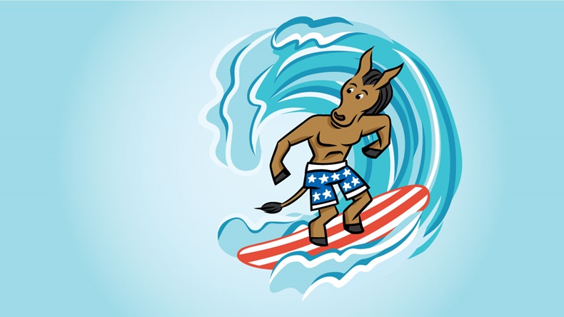 Democratic donkey rides a wave of voter enthusiasm to victory in the U.S. elections.