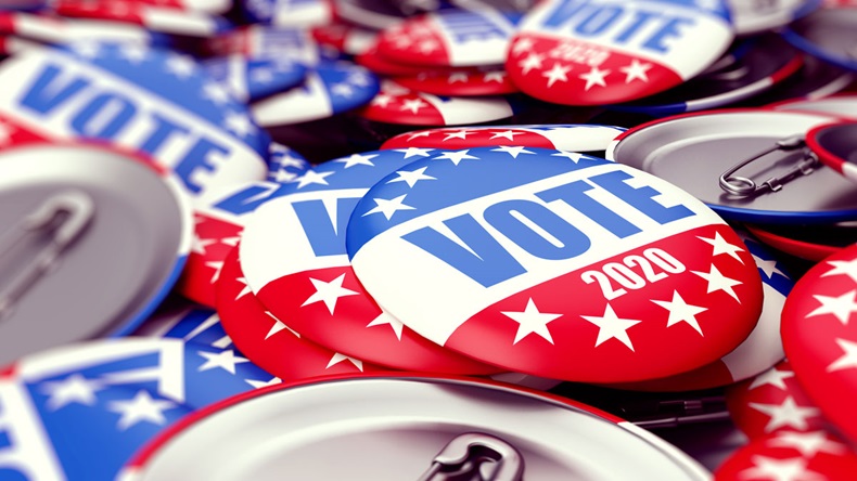 vote election badge button for 2020 background, vote USA 2020, 3D illustration, 3D rendering -
